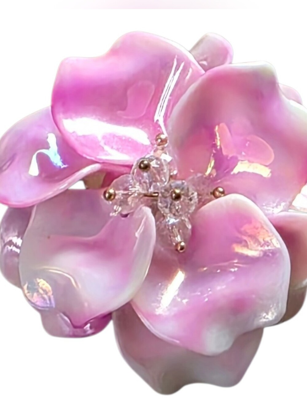 Iridescent Pink Flower Statement Ring Crystal Center Floral Cocktail Ring